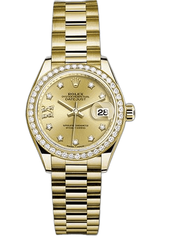 Rolex Lady-Datejust 28 Yellow Gold — Champagne Diamond Star Dial, 44-Diamond Bezel
