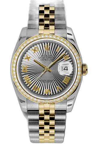 Rolex Datejust Yellow Rolesor — Grey Sunbeam Roman Dial, Cut Diamond Bezel | Ref. 116243