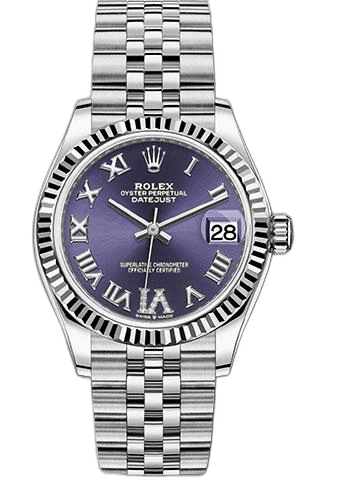Rolex Datejust 31 White Rolesor — Aubergine Roman Diamond-6 Dial, Fluted Bezel