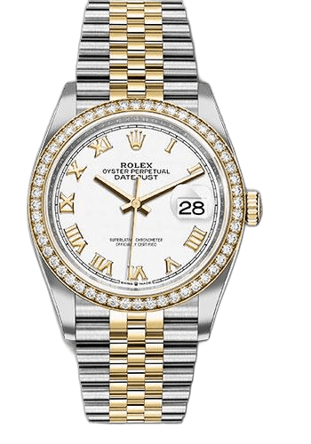 Rolex 36mm Yellow Rolesor Yellow Diamond Bezel White Roman Dial Datejust Steel and Yellow Gold Rolesor Datejust 36 Watch - Yellow Diamond Bezel - White Roman Dial - Jubilee Bracelet - 126283RBR wrj Watch Ref. 126283RBR