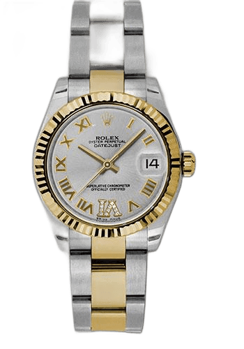 Rolex Datejust Yellow Rolesor Fluted Bezel — Silver Diamond Roman Dial | Ref. 178273