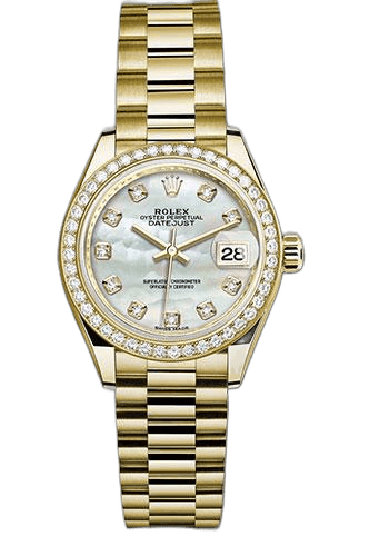 Rolex Lady-Datejust 28 Yellow Gold — Mother-of-Pearl Diamond Dial with Diamond Bezel | Ref. 279138RBR