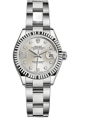 Rolex Lady-Datejust 28 White Rolesor — Silver Diamond Star Dial, Fluted Bezel | Ref. 279174