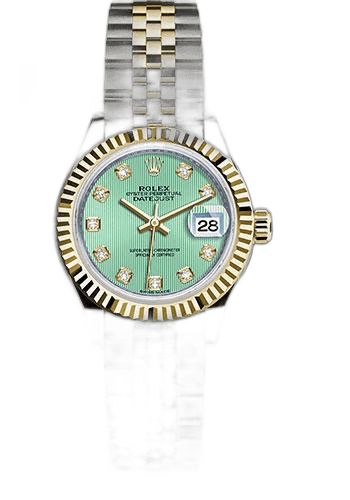 Rolex Datejust 28 Yellow Rolesor — Mint Green Diamond Dial, Fluted Bezel | Ref. 279173