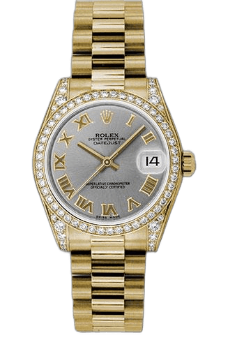 Rolex Datejust Yellow Gold — Gray Dial with Roman Numerals & 48-Diamond Bezel | Ref. 178158
