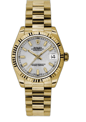 Rolex Datejust Yellow Gold — Silver Diamond Roman VI Index Dial, Fluted Bezel | Ref. 178278
