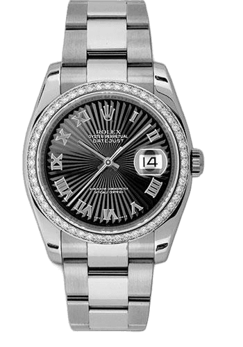 Rolex Datejust 36 White Rolesor — Black Sunbeam Roman Dial | Ref. 116244