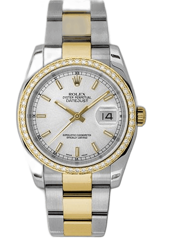 Rolex Datejust 36 Yellow Rolesor — Silver Index Dial, 52-Diamond Bezel | Ref. 116243