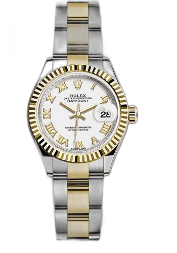 Rolex Lady-Datejust 28 Yellow Rolesor — White Roman Dial, Fluted Bezel | Ref. 279173
