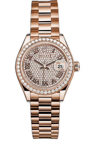 Rolex Lady-Datejust 28 Everose Gold — Sundust Roman Diamond Dial, 44-Diamond Bezel | Ref. 279135RBR