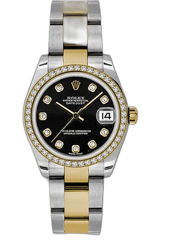 Rolex Datejust Steel and Yellow Gold Datejust 31 Watch - 46 Diamond Bezel - Black Diamond Dial - Oyster Bracelet - 178383 bkdo 31mm Yellow Rolesor 46 Diamond Bezel Black Diamond Dial Timepiece [178383