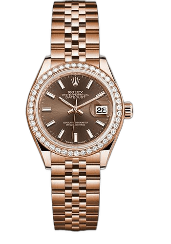 Rolex Lady-Datejust 28 Gold — Chocolate Index Dial, 44-Diamond Bezel | Ref. 279135RBR