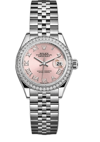 Rolex Lady-Datejust 28 White Rolesor — Pink Roman Dial, 44-Diamond Bezel | Ref. 279384RBR