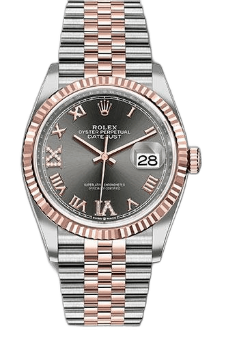 Rolex Datejust 36 Everose Rolesor — Dark Rhodium Roman Dial with Fluted Bezel