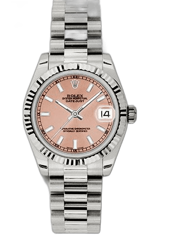 Rolex 31mm Fluted Bezel Pink Index Dial Datejust White Gold Datejust 31 Watch - Fluted Bezel - Pink Index Dial - President Bracelet - 178279 pip — Ref. 178279