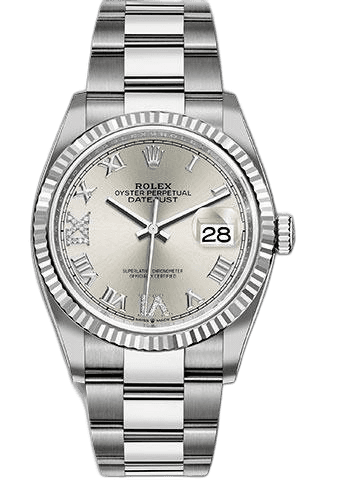 Rolex Datejust 36 Oystersteel — Silver Diamond Roman Dial, Fluted Bezel