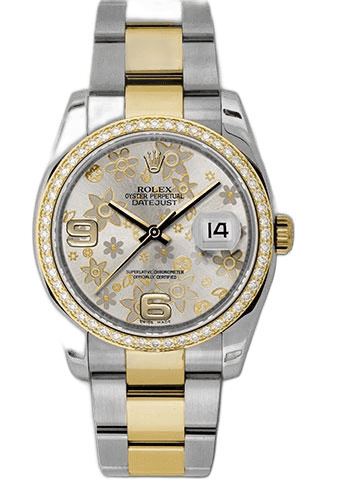 Rolex Datejust 36 Yellow Rolesor — 52-Diamond Bezel Silver Floral Arabic Dial | Ref. 116243