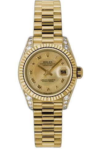 Rolex Lady-Datejust 26 Yellow Gold — Fluted Bezel Champagne Mother-of-Pearl Roman Dial | Ref. 179238