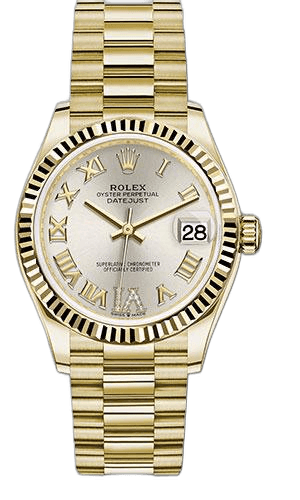 Rolex Datejust 31 Yellow Gold — Silver Diamond Dial, Fluted Bezel