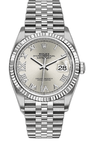 Rolex Datejust 36 Steel — Silver Diamond Roman Fluted Bezel Dial