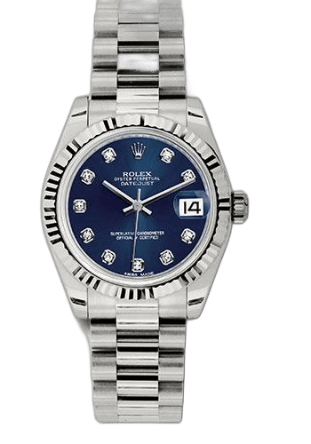 Rolex Datejust 31 White Gold — Blue Diamond Dial, Fluted Bezel | Ref. 178279