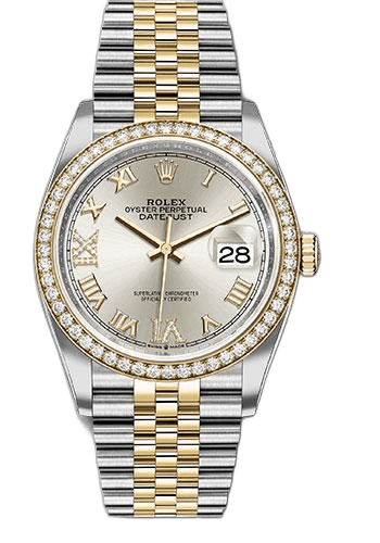 Rolex 36mm Yellow Rolesor Yellow Diamond Bezel Silver Roman Dial Datejust Steel and Yellow Gold Rolesor Datejust 36 Watch - Yellow Diamond Bezel - Silver Roman Dial - Jubilee Bracelet - 126283RBR sdr69j Watch