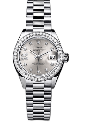 Rolex Datejust 28 Platinum — 44-Diamond Bezel, Silver Diamond Star Dial | Ref. 279136RBR