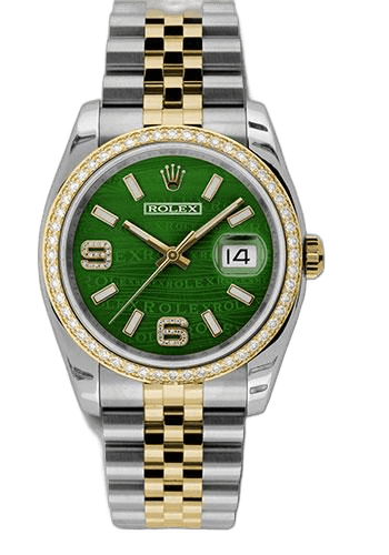 Rolex Datejust 36 Yellow Rolesor — Green Wave Diamond Dial, 52-Diamond Bezel | Ref. 116243