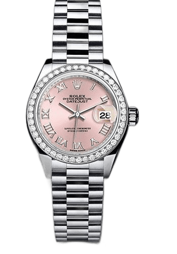 Rolex Datejust 28 Platinum — Pink Roman Dial & 44-Diamond Bezel | Ref. 279136RBR