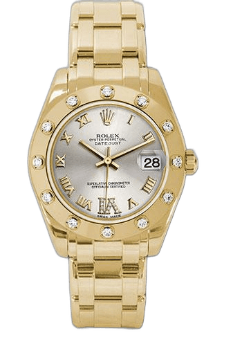 Rolex Datejust Pearlmaster 34 Yellow Gold — Silver Diamond Roman VI Dial | Ref. 81318