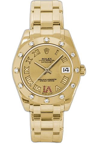 Rolex Pearlmaster 34 Yellow Gold — Champagne Ruby Roman Diamond Bezel | Ref. 81318