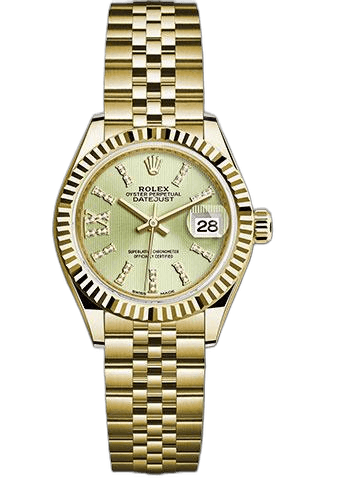 Rolex Datejust 28 Yellow Gold — Fluted Bezel Linden Green Strip Diamond Index Dial