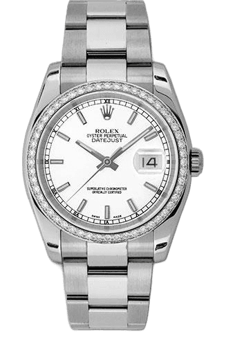 Rolex Datejust 36 Rolesor — White Index Dial, 52-Diamond Bezel | Ref. 116244