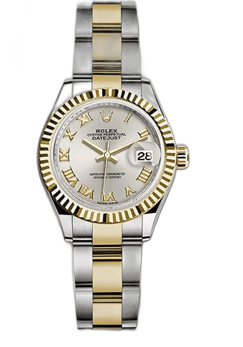 Rolex Lady-Datejust 28 Yellow Rolesor — Fluted Bezel Silver Roman Dial | Ref. 279173