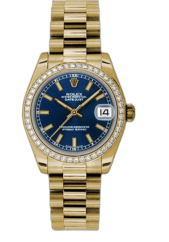 Rolex Datejust 31 Yellow Gold — 48-Diamond Bezel Blue Index Dial President Bracelet | Ref. 178288