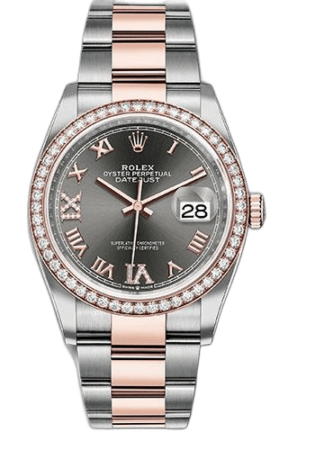 Rolex Datejust 36 Everose Rolesor — Dark Rhodium Roman Dial, Diamond Bezel