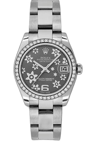 Rolex Datejust 31 White Rolesor — 46-Diamond Bezel Dark Rhodium Floral Motif Arabic 6 Dial | Ref. 178384