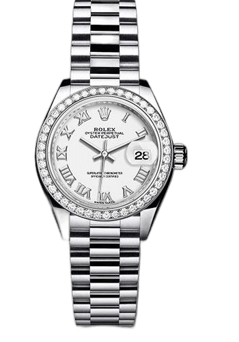 Rolex Lady-Datejust 28 Platinum — 44-Diamond Bezel, White Roman Dial | Ref. 279136RBR