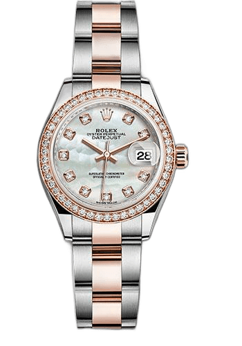 Rolex Lady-Datejust 28 Everose Rolesor Diamond Bezel — White MOP Diamond Dial | Ref. 279381RBR