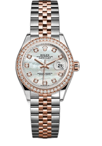 Rolex Lady-Datejust 28 Everose Rolesor — White Mother-of-Pearl Diamond Dial, Diamond Bezel | Ref. 279381RBR