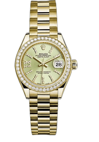 Rolex Lady-Datejust 28 Yellow Gold — 44 Diamond Bezel Linden Green Strip Diamond Index | Ref. 279138RBR