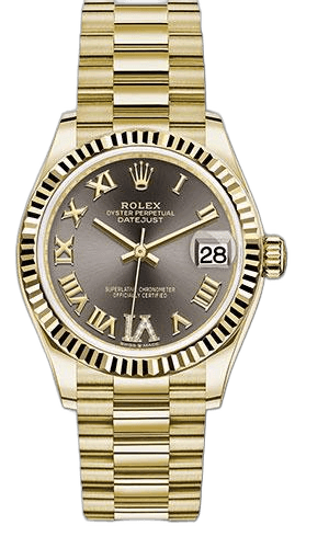 Rolex Datejust 31 Yellow Gold — Fluted Bezel Dark Grey Diamond Six Dial
