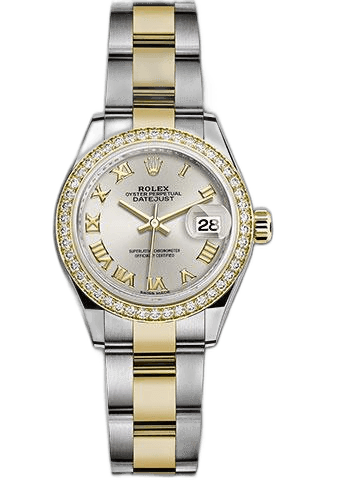 Rolex Datejust 28 Yellow Rolesor — Silver Roman Diamond Bezel Dial | Ref. 279383RBR