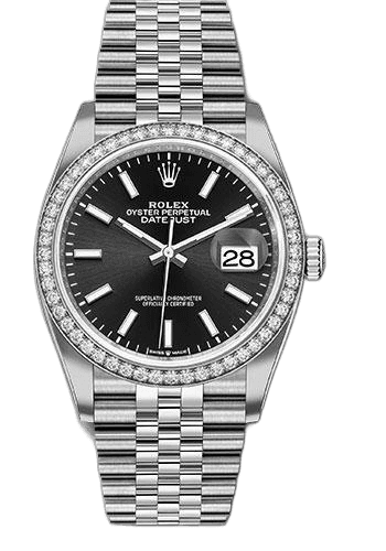 Rolex Datejust 36 Steel — Diamond Bezel, Black Index Dial | Ref. 126284RBR