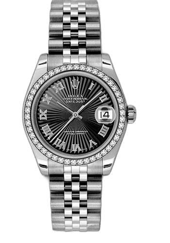 Rolex Datejust White Rolesor — Black Sunbeam Roman Dial, 46-Diamond Bezel | Ref. 178384