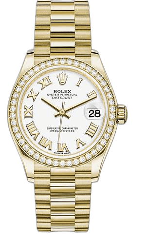 Rolex Datejust 31 Yellow Gold — Diamond Bezel, White Roman Dial | Ref. 278288RBR