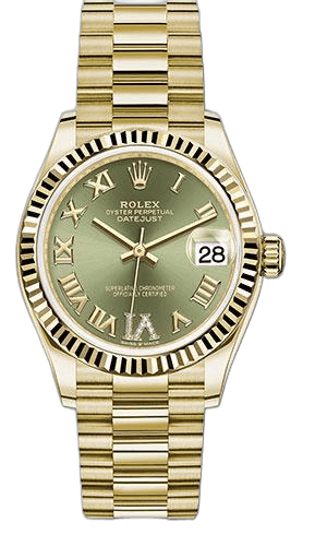 Rolex Datejust 31 Yellow Gold — Olive Green Diamond Dial | Fluted Bezel