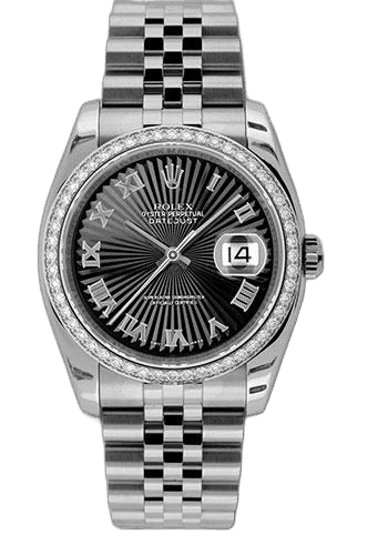 Rolex Datejust 36 White Rolesor — 52 Diamond Bezel Black Sunbeam Roman Dial | Ref. 116244