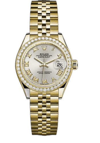 Rolex Lady-Datejust 28 Yellow Gold — Diamond Bezel Silver Roman Dial | Ref. 279138RBR