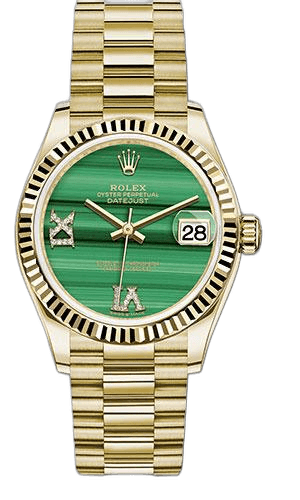 Rolex Datejust 31 Yellow Gold — Malachite Diamond Dial, Fluted Bezel